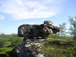 Канонический лапландский сейд, камень на подставках с навершием, в данном даже проскальзывает нечто зооморфное(кстати "шапка" расположена именно на "голове" зооморфного камня)... (фото-2004)