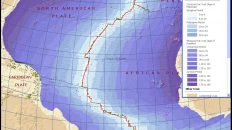 Рис. 14. Карта возраста океанических плит Атлантического океана