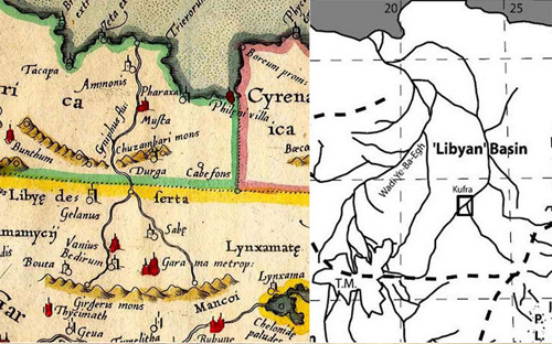 Рис. 2. Речная система Ливийского бассейна на карте Меркатора по Птолемею (1578 г.; слева) и на схеме палео-русел рек Сахары (справа).