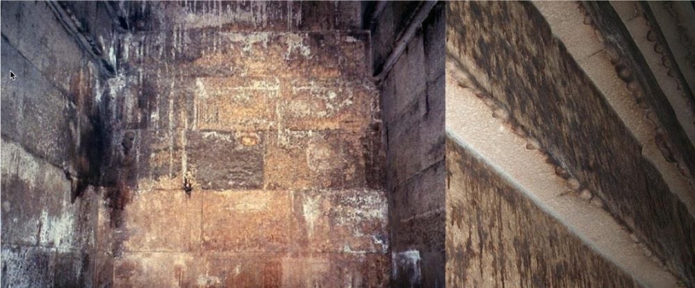 Рисунок 2 – Фотографии стен полостей пирамид: солевые отложения (слева) и подтеки в Красной пирамиде (справа)