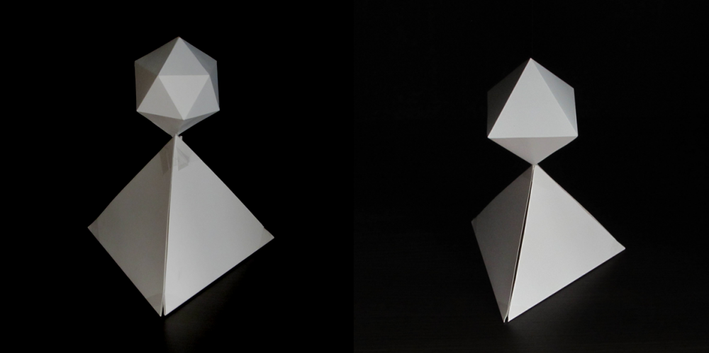 Рисунок 15 – Модель фундаментальных частиц: икосаэдр+тетраэдр соединены вершинами (слева), октаэдр+тетраэдр соединены вершинами (справа)(фотографии)