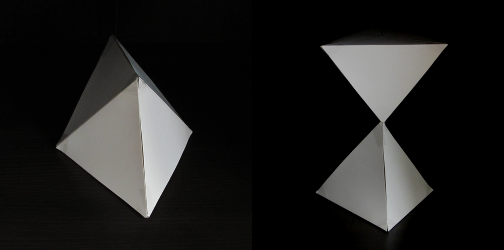 Рисунок 16 – Модель фундаментальных частиц: тетраэдр+тетраэдр соединены гранями (слева), тетраэдр+тетраэдр соединены вершинами (справа) (фотографии)
