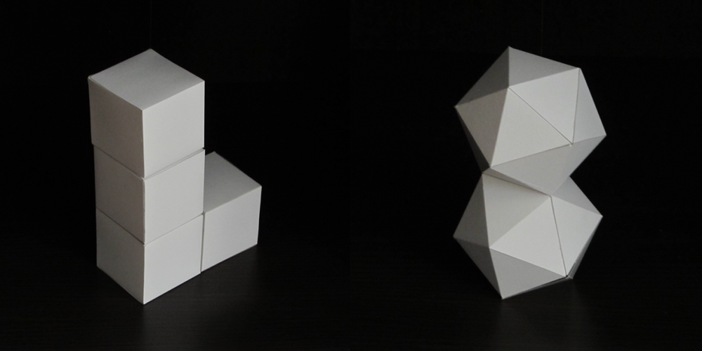 Рисунок 17 – Модель фундаментальных частиц: куб+куб… соединены гранями (слева), икосаэдр+икосаэдр… соединены гранями (справа) (фотографии)