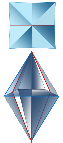 Рисунок 4 – Неправильный октаэдр. Вид сверху (вверху), вид сбоку (снизу). Треугольники Кеплера обозначены красным цветом, треугольники Фибоначчи – синим