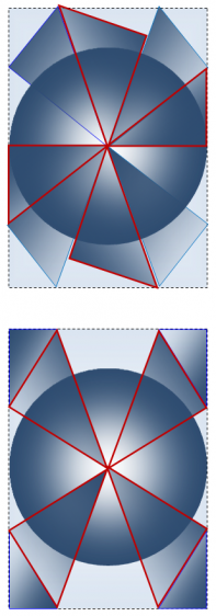Рисунок 5 – Диагональное сечение куба, проходящее через его 4 вершины и центр симметрии. Сверху – первый тип плоскости куба (всего 4 плоскости), снизу – второй тип плоскости куба (всего 2 плоскости). Треугольники Кеплера обозначены красным цветом, треугольники Фибоначчи – синим