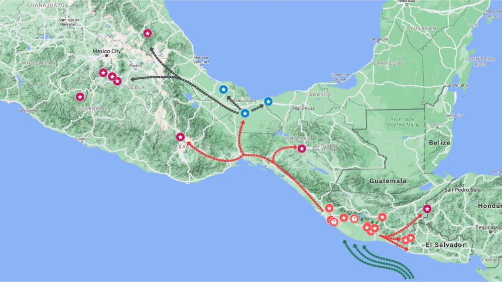 Рис. 27 Зеленые стрелки обозначают возможный путь и место высадки "ольмеков" на тихоокеанском побережье Гватемалы. Расширение гипотезы В. Малмстрёма. Автор: E. Manzhosova